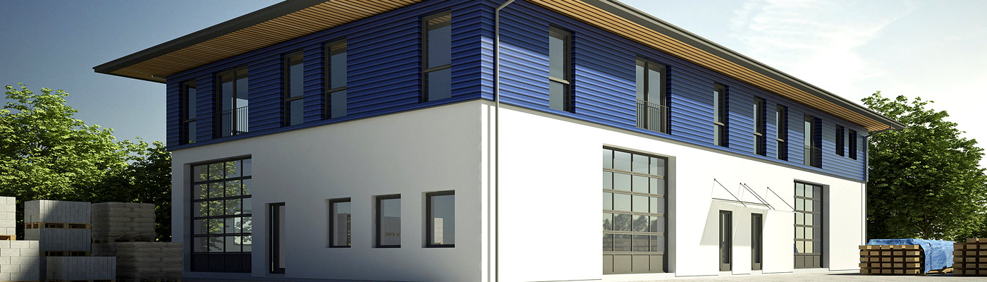 Ein modernes, zweigeschossiges Gebäude mit blauen Fassaden und großen Fensterflächen, umgeben von Bäumen und Baustellenmaterialien.